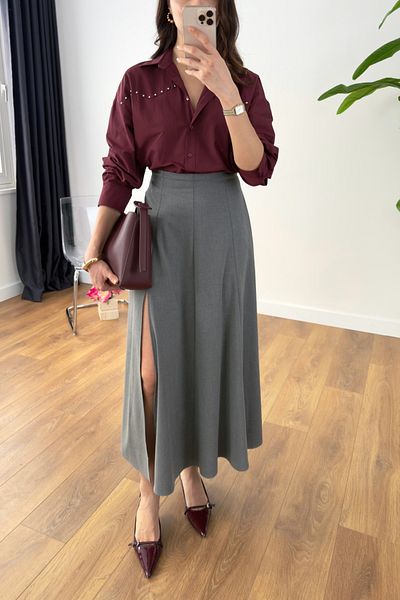BİRCANÇİL Geniksa Gray Slit Detailed Skirt