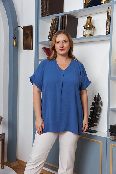 RMG Plus Size Slit Blouse Indigo - Collar and Sleeve Detail
