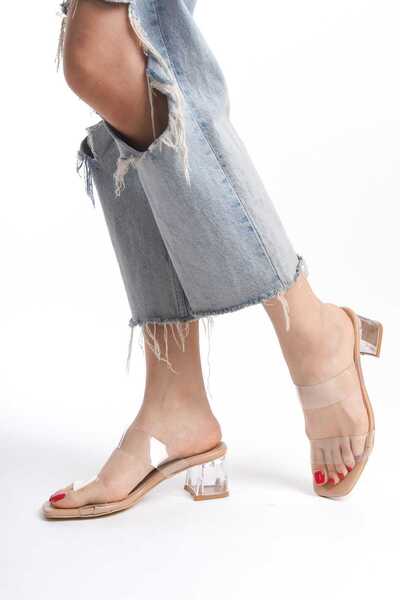 DS AYAKKABI Kadın Ten Şeffaf Bantlı Topuklu Terlik