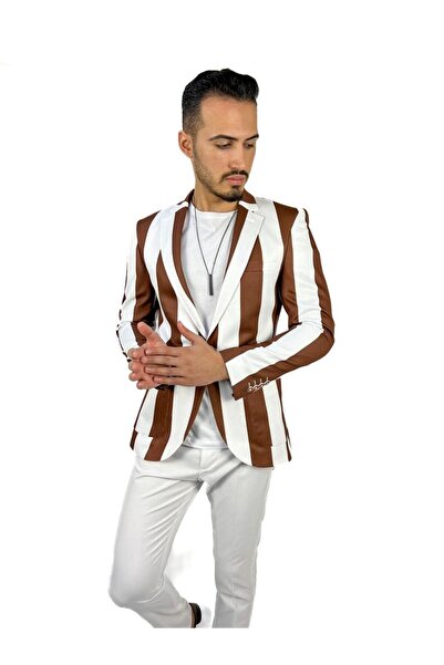 AGUSTİNİ Agustini - Brown WhiteSlimFit Blazer, Stripe Patterned Bag Pocket Si...