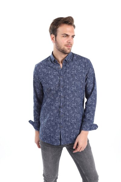 AGUSTİNİ Men's Navy Blue Self Patterned Slim Fit Shirt |   Agustini
