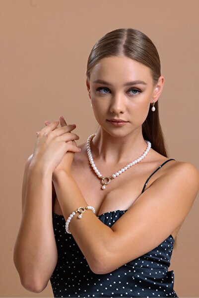 Birinci 14 Ayar Altın Halka Kilitli Doğal İnci Kolye Bileklik Küpe Üçlü Set