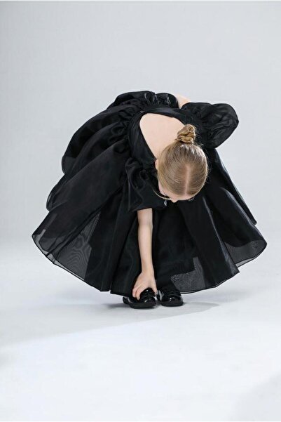 Mashotrend Balloon Sleeve Organza Design Evening Dress - Crystal Tulle Organza Evening Dress - Girls' Dress - Children's Evening Dress