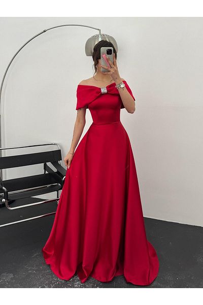 Serica Moda Rochie de seara rosie cu fundita de piatra in fata