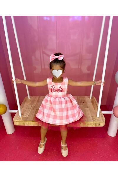 Anne Kız Tasarım Pembe Ekose  Elbise