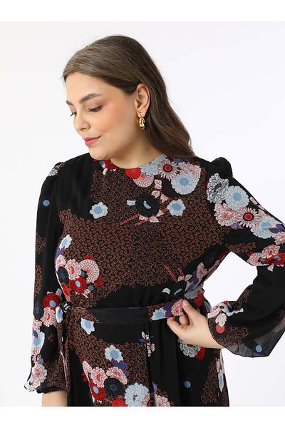 ALİA Plus Size Floral Print Chiffon Dress - Black - Alia