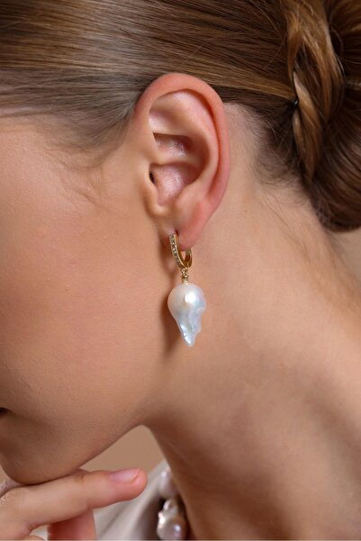 Birinci 14 Ayar Altın 20 mm Halka Kilitli Barok Doğal İnci Küpe Kolye Bileklik Üçlü Set