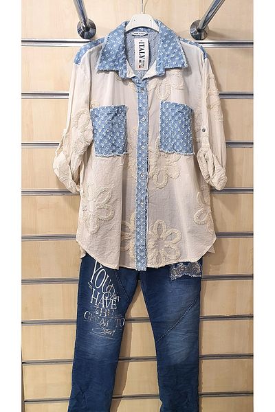 Park Moda Cămașă din bumbac cu detaliu din denim cu flori în relief