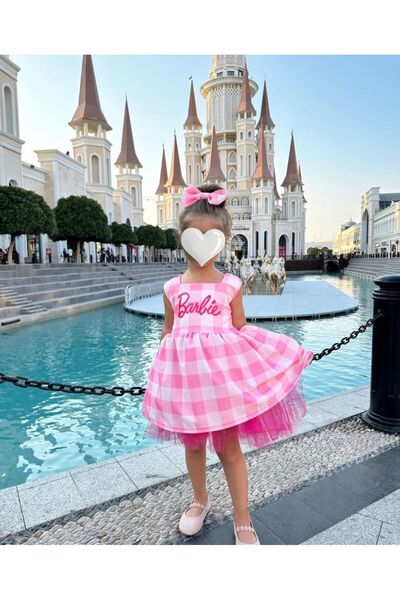 Anne Kız Tasarım Pembe Ekose  Elbise