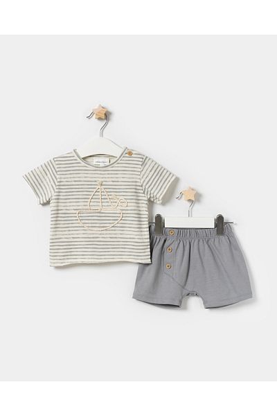 Minipodyum Baby Boy Ship Embroidered T-Shirt Shorts Summer Double Set