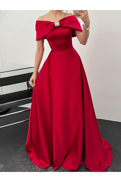 Serica Moda Rochie de seara rosie cu fundita de piatra in fata