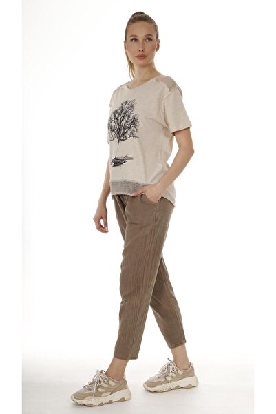 AYASOFYA OTANTIK Γυναικείο καφέ ελαστικό παντελόνι με κορδόνια στη μέση με επίπεδη λινό παντελόνι με πλαϊνές τσέπες