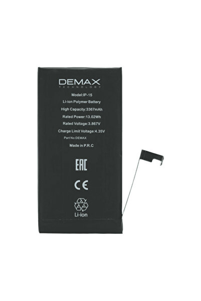 DEMAX TECHNOLOGY İphone 15 Güçlendirilmiş Yüksek Kapasiteli Batarya 3367 mAh