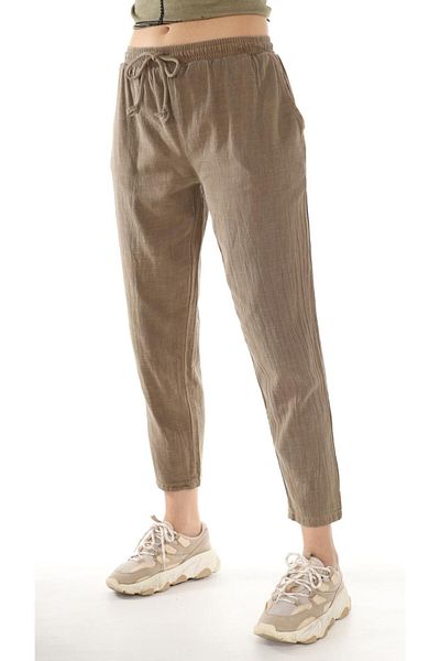 AYASOFYA OTANTIK Women's Brown Elastic Waist Lace up Straight Linen Trousers with Side Pockets
