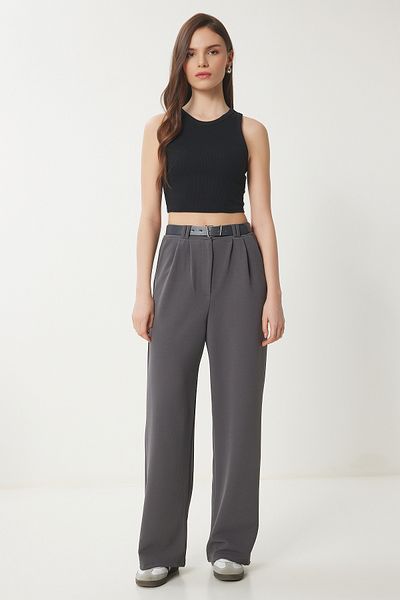 Lovelyİstanbul Belted Comfortable Palazzo Knitted Trousers Smoked Lrv0093