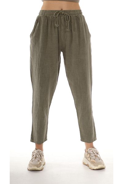 AYASOFYA OTANTIK Women's Khaki Elastic Waist Lace up Straight Linen Trousers with Side Pockets