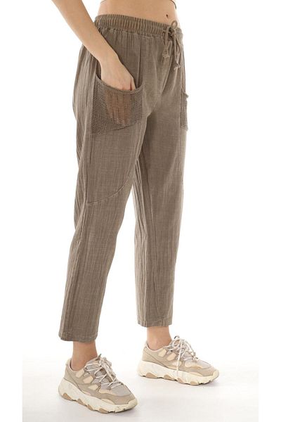 AYASOFYA OTANTIK Women's Brown Elastic Waist Lace-Up Mesh Pocket Carrot Linen Trousers