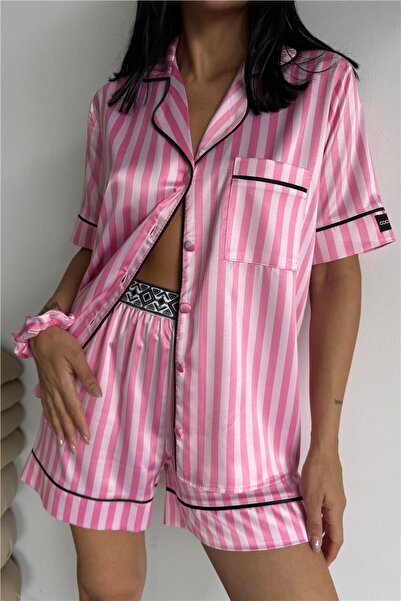 COCCOLARSI Strisce Rosa Scuro Chiaro Saten Kısa Lastik Bel Pijama Takımı
