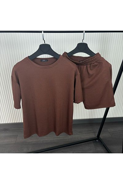 CAST COLLECTİON Men's Brown Corded Ottoman Fabric Shorts Tshirt Set