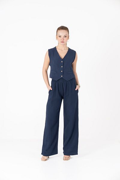 VerdeBlanco Navy Blue Cotton Vest and Palazzo Suit
