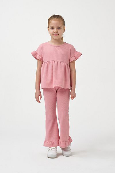 Minipodyum Girl's Summer Waffle Double Set with Drawstring Sleeves and Leg