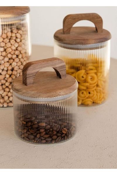 The Mia Set of 3 Glass Jars with Acacia Handles
