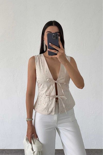 Kese Fashion Store Cream Front Tie Stone Vest
