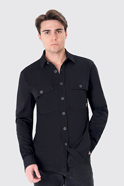 UNIQVIBE Organik Pamuklu Regular Fit Erkek Siyah Cepli Gömlek