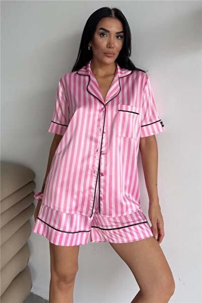 COCCOLARSI Strisce Rosa Scuro Chiaro Saten Kısa Lastik Bel Pijama Takımı
