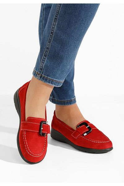 B T Shoes Bernara women's red leather loafers