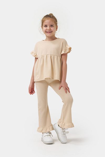 Minipodyum Girl's Summer Waffle Double Set with Drawstring Sleeves and Leg