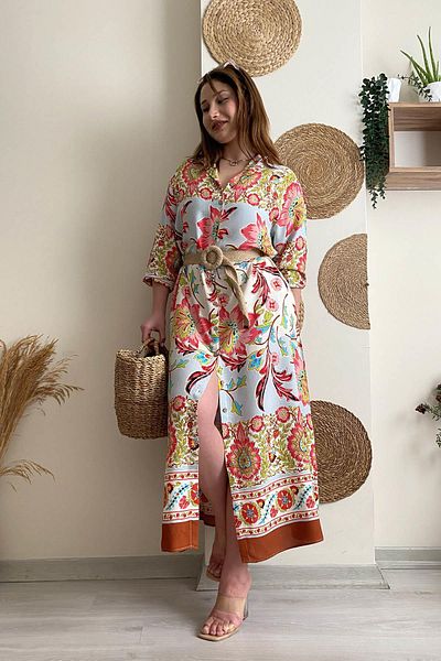 İstangül Butik Φόρεμα πουκάμισο από βαμβακερό βισκόζη με σχέδιο Maxi Size