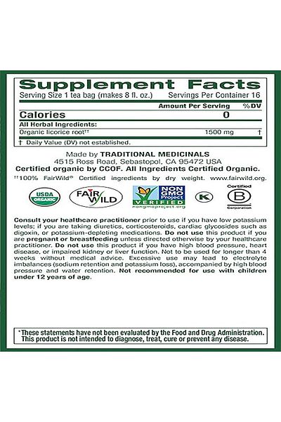 TRADITIONAL MEDICINALS جذر عرق السوس العضوي، لصحة الجهاز الهضمي والجهاز التنفسي، 16 كيس شاي