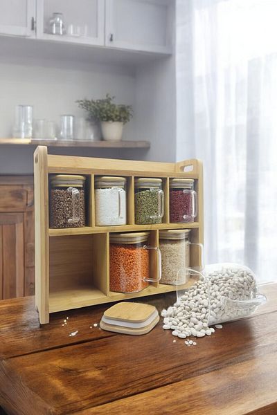 Kitchen Way 500Ml-200Ml Glass Spice Jar Set with Gasket Lid and Food Storage Set with Bamboo Stand Kw-383