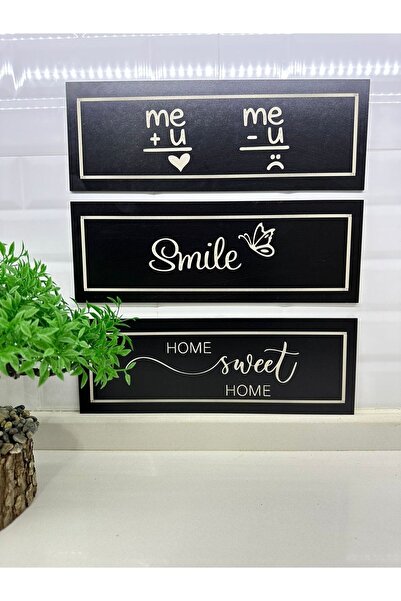 MODAT 3'lü Smile,home Sweat,sen&ben Ahşap Yeni Nesil Dekoratif Tablo