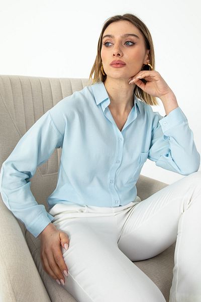Nuevo Cămașă din viscoză țesută cu o singură buzunar Baby Blue