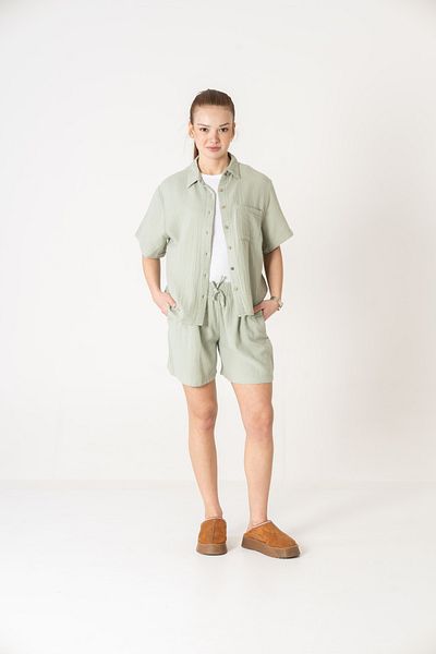 VerdeBlanco 100% Cotton Oversize Shorts and Shirt Set Mint Green
