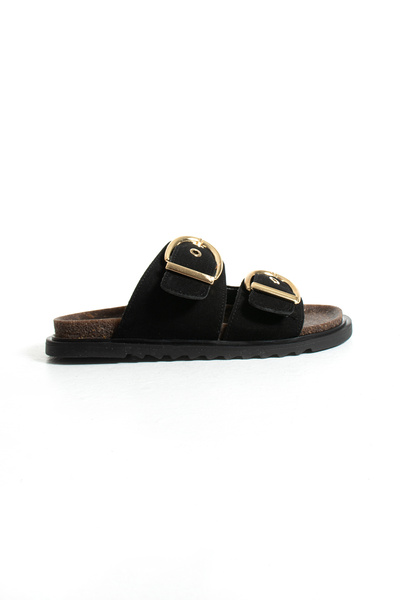 Gökçe Shoes EİDA SİYAH SÜET ÇİFT KEMER TOKA DETAY KADIN TERLİK