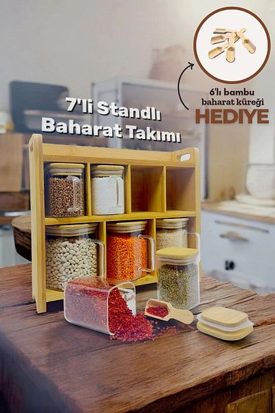 Kitchen Way 500Ml-200Ml Glass Spice Jar Set with Gasket Lid and Food Storage Set with Bamboo Stand Kw-383