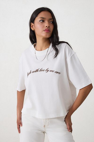Setre Ecru Crew Neck Short Sleeve T-Shirt with Print Detail at the Collar