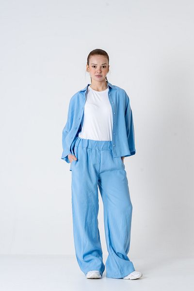 VerdeBlanco Set pantaloni și cămașă Palazzo oversize, albastru