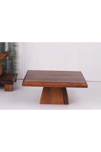 MİEN Acacia Wood Square Wooden Presentation Plate Cake Serving Plate 25cm - High Foot
