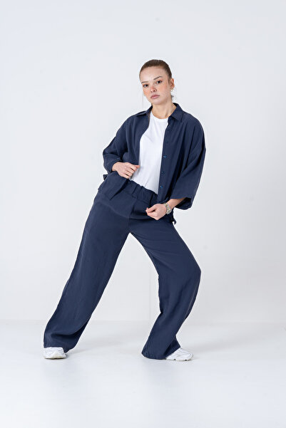 VerdeBlanco Oversize Palazzo Pantolon ve Gömlek Takımı Lacivert