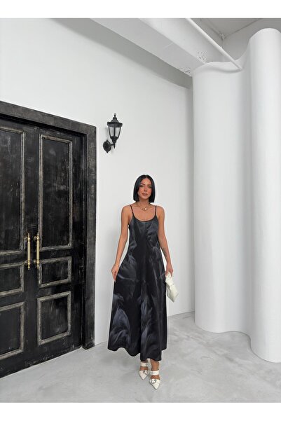 MUEZZA Batik Yıkamalı Ayarlanabilir Askılı Penye Kumaş Uzun Kadın Elbise