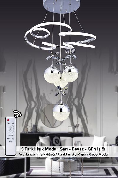 HİRALUCE Zeus 3 Color Chrome (Yellow White & Gun Light) Crystal Stone Led Chandelier with Remote Control & Dimmer