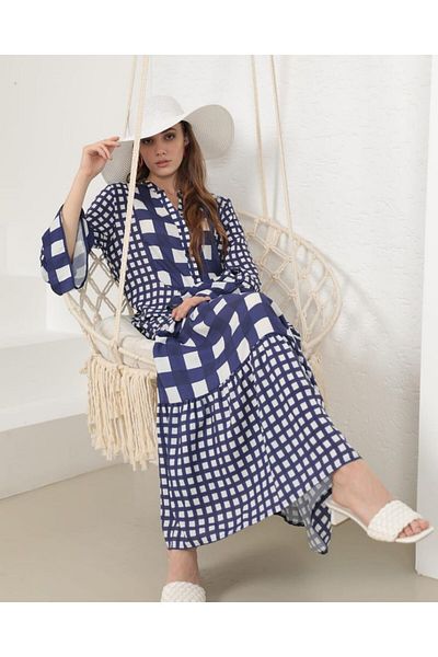AYASOFYA OTANTIK Women's Navy Blue Button Detailed Loose Long Dress