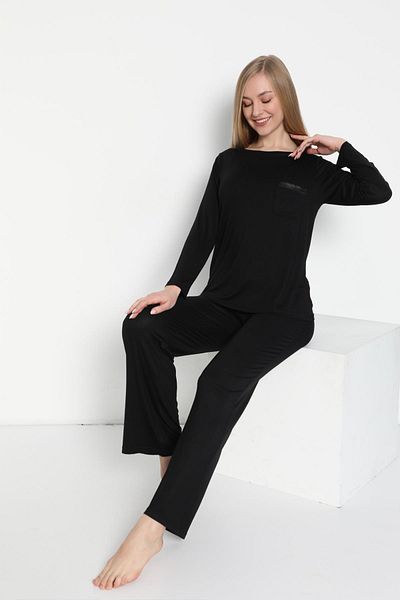 CONFEO Women's Long Sleeve Crew Neck Viscose Black Pajamas Set C9T3N5O-048