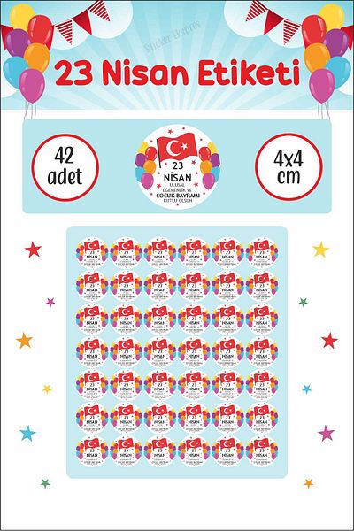 Sticker Ekspres 23 April Sticker National Sovereignty and Children's Day Sticker with Colorful Balloons and Flags