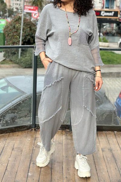 AYASOFYA OTANTIK Women's Gray Elastic Waist Lace up Mesh Dirty Stitching Piece Pocket Loose Wide Leg Loose Linen Trousers