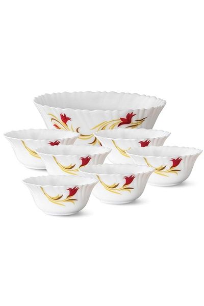 British Chef 7 Piece Opalware Red Lily Pudding Set, 1 Piece Serving & 6 Piece Veg Bowls Bc2010